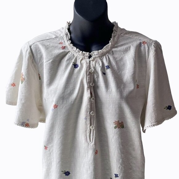 Floral Bell Short Sleeve Trim 1/2 Button Up Ivory Top Ruffle Neck Women’s L - Picture 2 of 10
